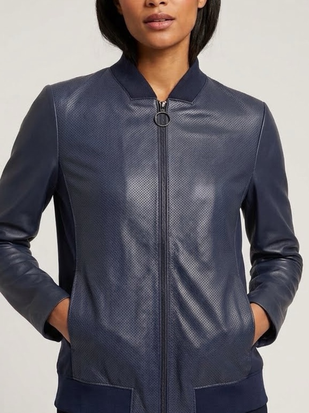 Akris Punto Women's Navy Perforated Leather Bomber Jacket Size 8